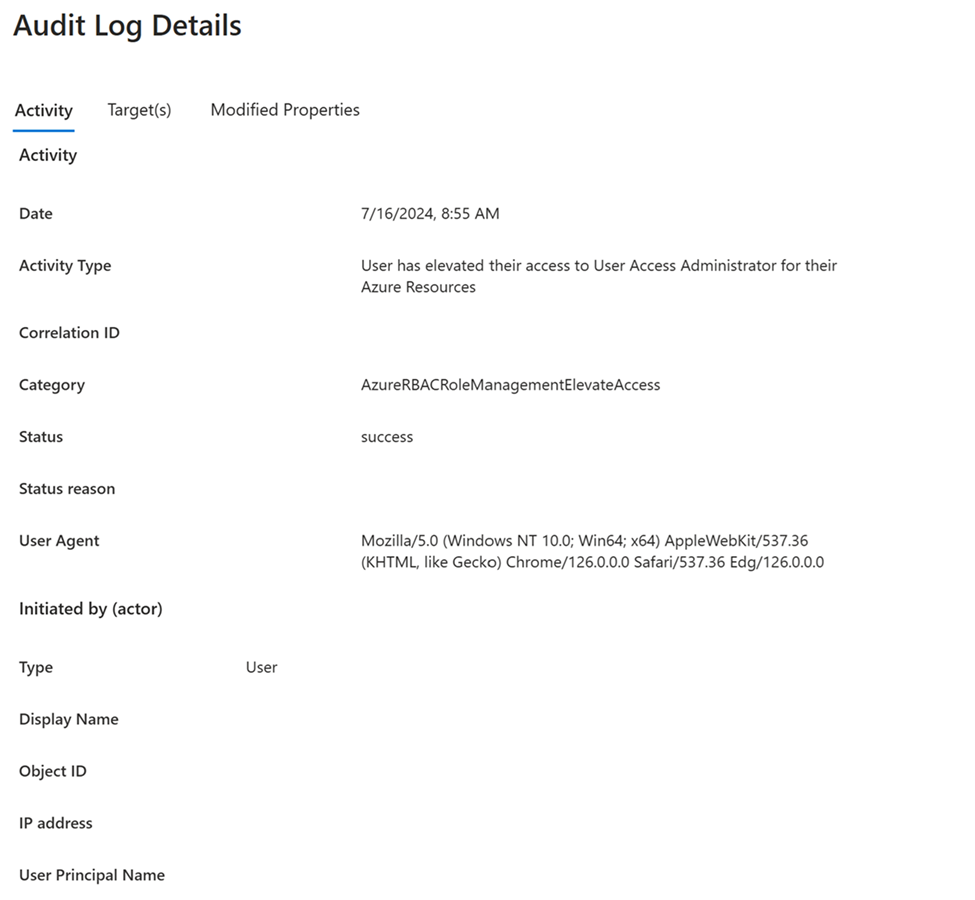 Screenshot of directory audit logs that shows audit log details when access is elevated.