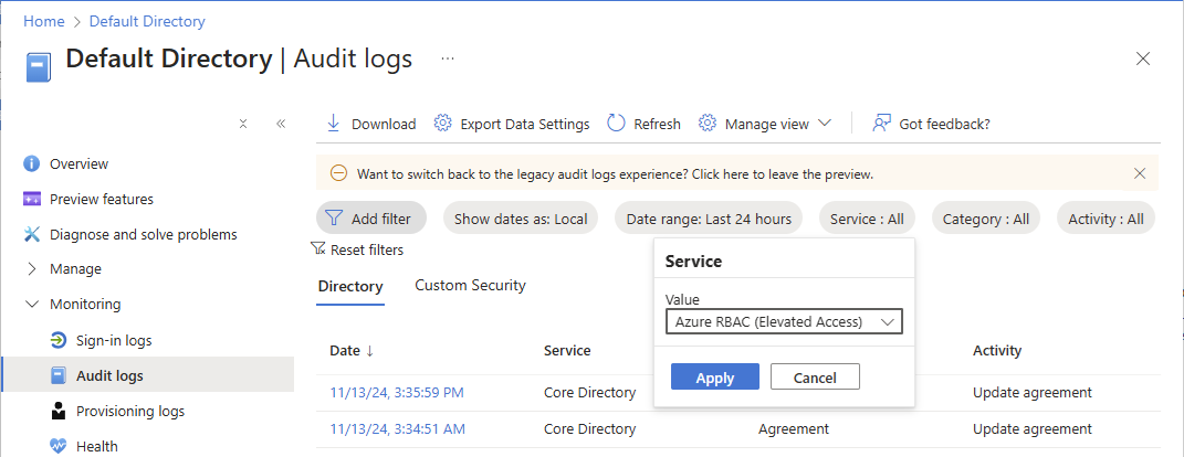 Screenshot of directory audit logs with Service filter set to Azure RBAC (Elevated Access).