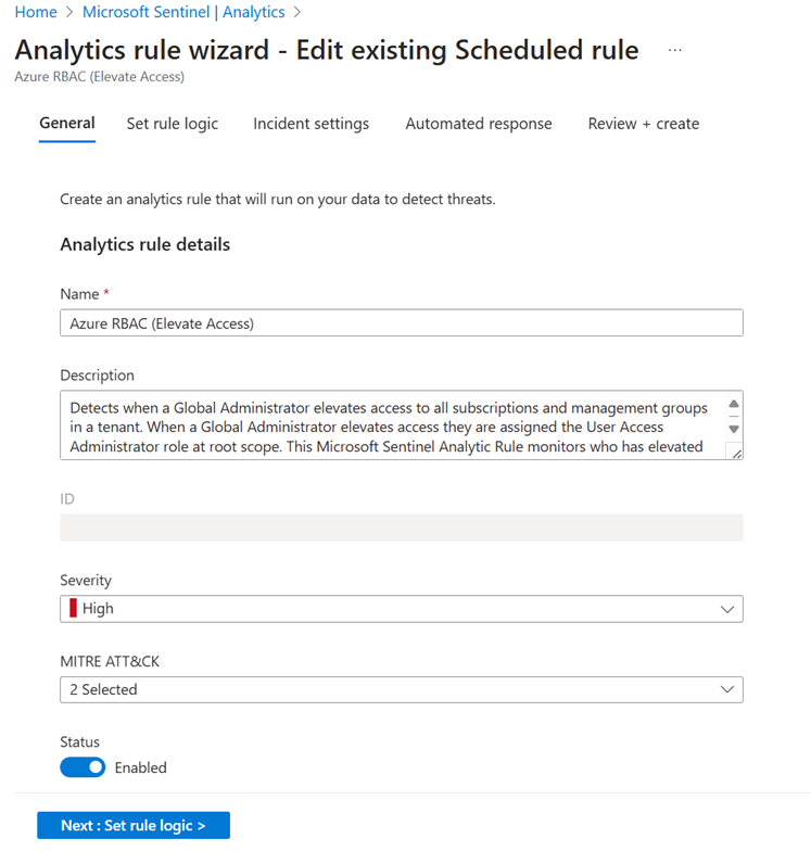 Screenshot of Analytics rule wizard for Azure RBAC (Elevate Access).