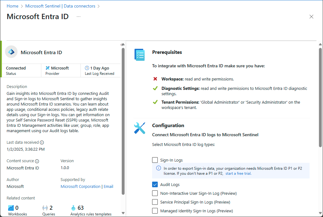 Screenshot of Microsoft Entra ID connector with Audit Logs selected.