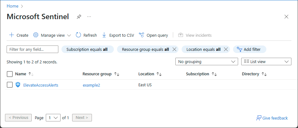 Screenshot of Microsoft Sentinel with a workspace.