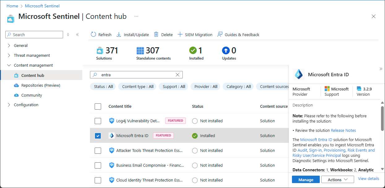 Screenshot of Content hub page with Microsoft Entra ID content selected.