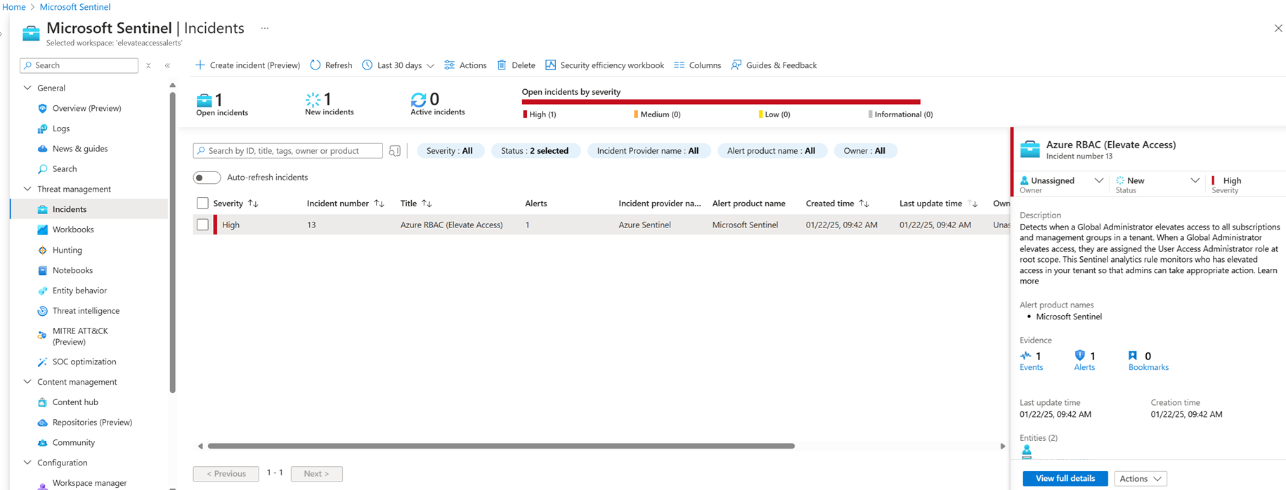 Screenshot of Incidents page with examples of elevate access incidents.