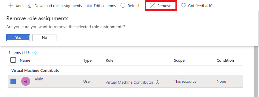 Screenshot of Remove role assignments message.