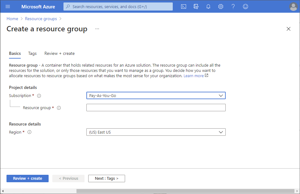 Screenshot of Create a new resource group page.