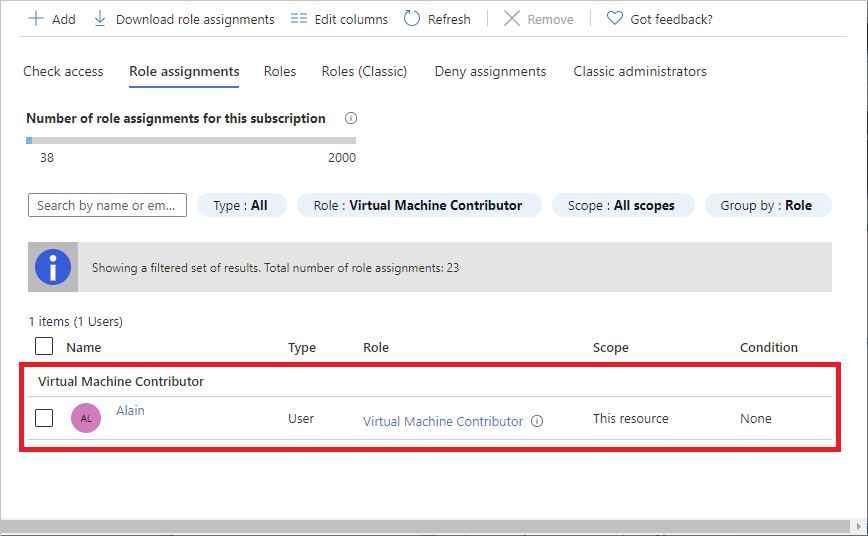 Screenshot of Virtual Machine Contributor role assignment.