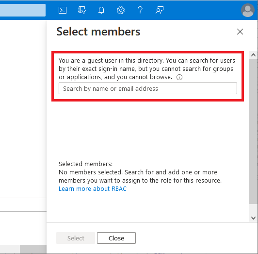 Screenshot of external user can't browse security principals to assign roles.