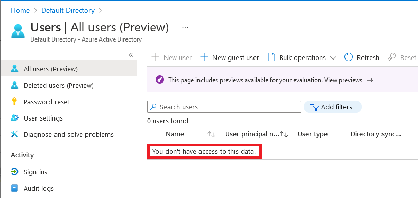Screenshot of external user can't browse users in a directory.