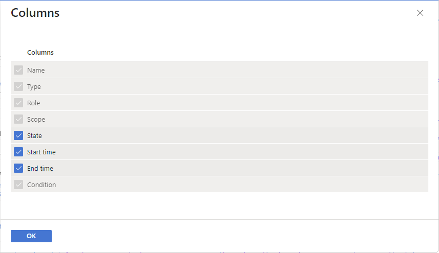 Screenshot of Columns pane showing Start time and End time check boxes.