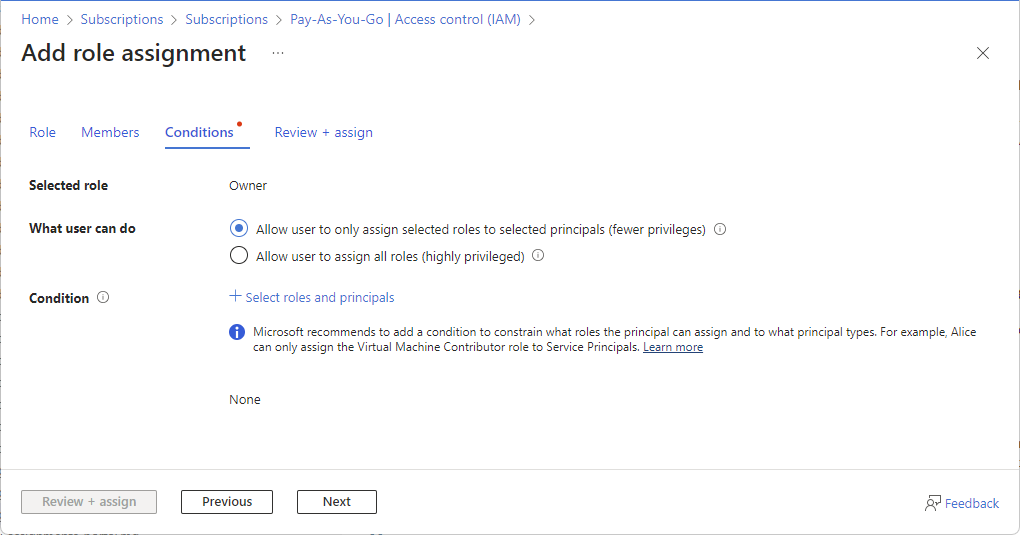 Screenshot of Add role assignment with the constrained option selected.