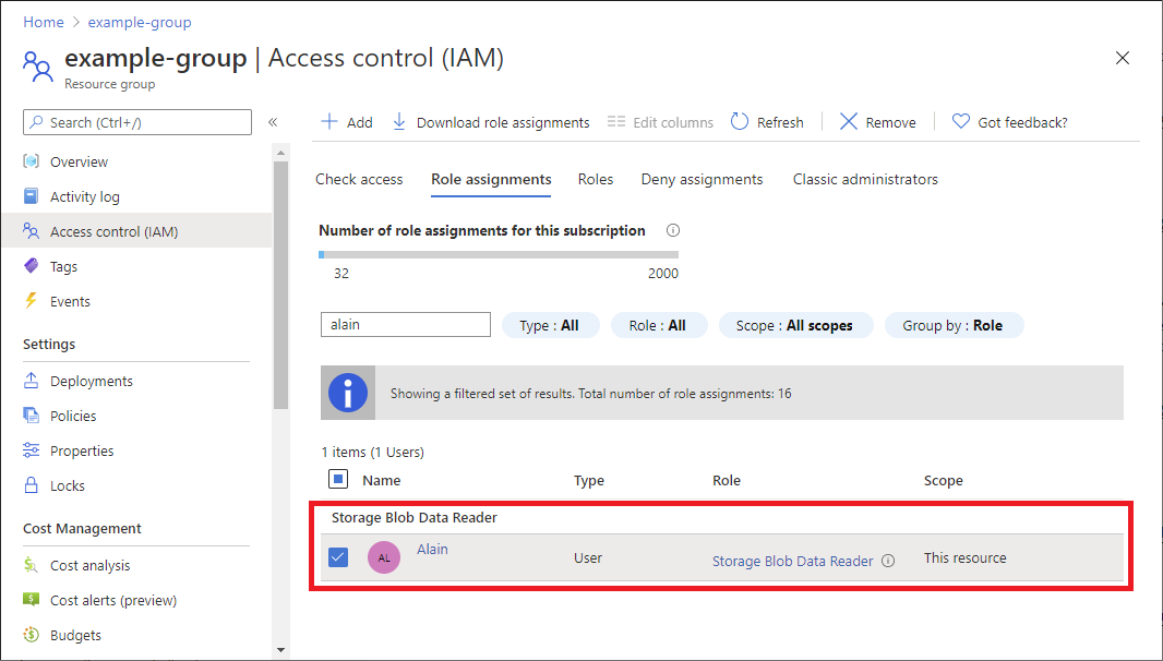 Screenshot of role assignment selected to be removed.