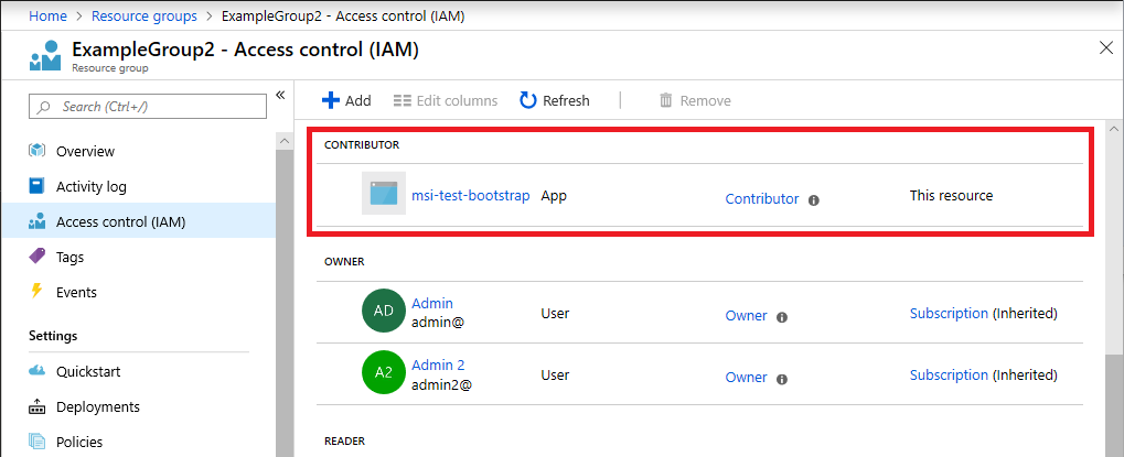 Screenshot of role assignment for a new managed identity service principal.