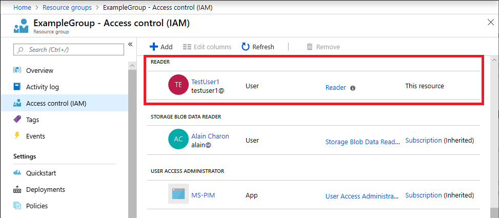 Screenshot of role assignment at resource group scope.