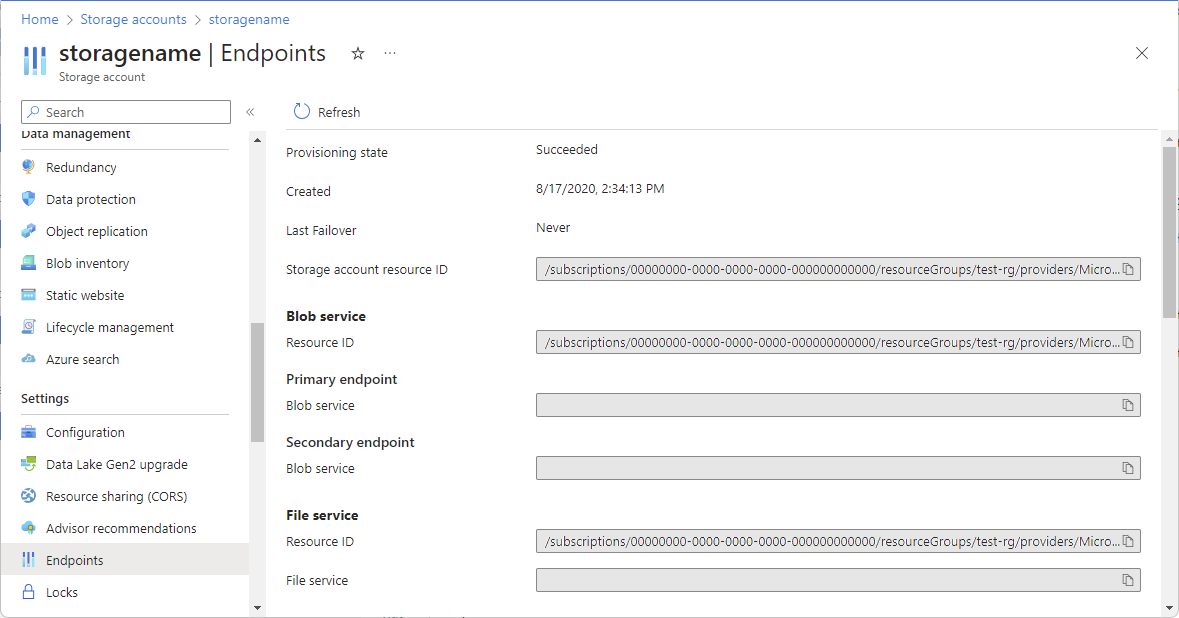 Screenshot of resource IDs for a storage account in Azure portal.