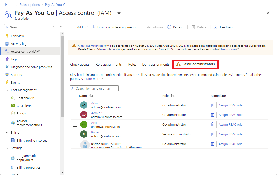 Screenshot of Azure classic subscription administrators in the Azure portal.