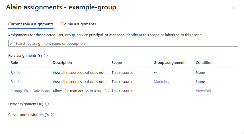 Screenshot of role and deny assignments pane for a user.