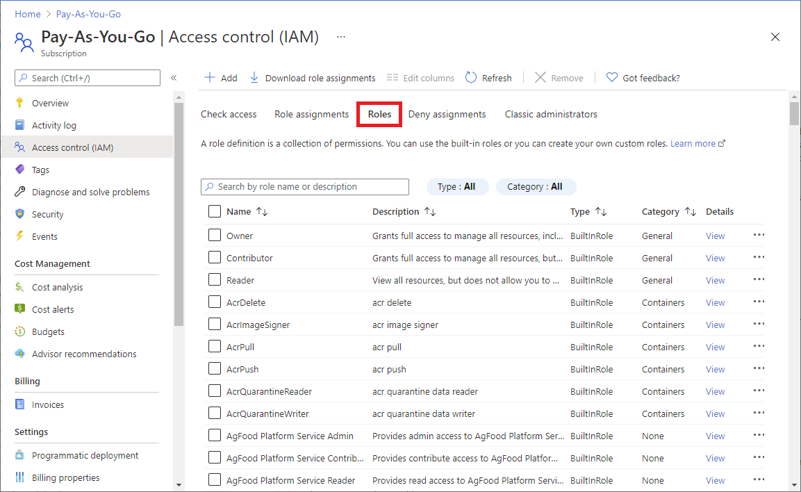 Screenshot of built-in roles in the Azure portal.