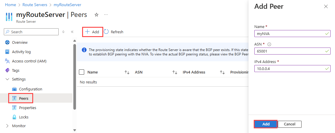 Screenshot that shows how to add the NVA to the route server as a peer.