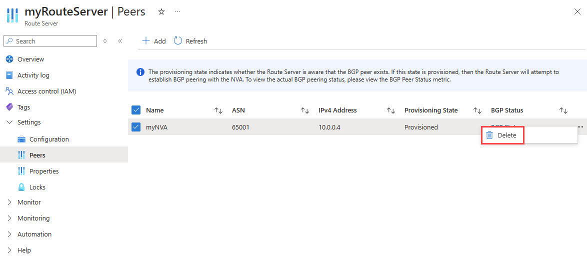 Screenshot that shows how to delete a route server's peer.