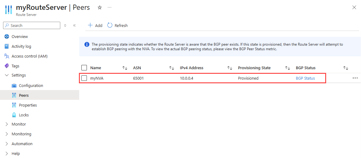 Screenshot that shows the route server's peers.