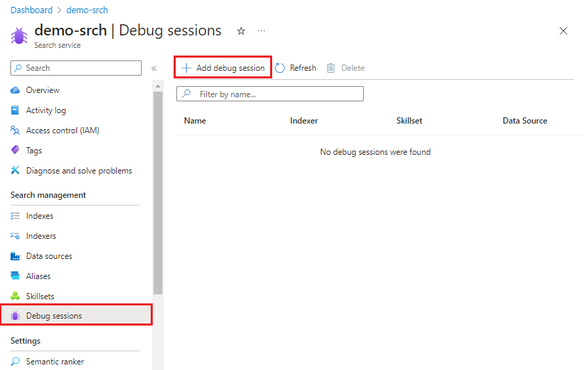 Screenshot of the debug sessions commands in the Azure portal page.