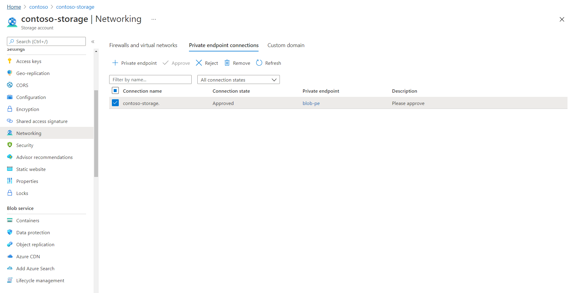 Screenshot of the Azure portal, showing an Approved status on the Private endpoint connections pane.