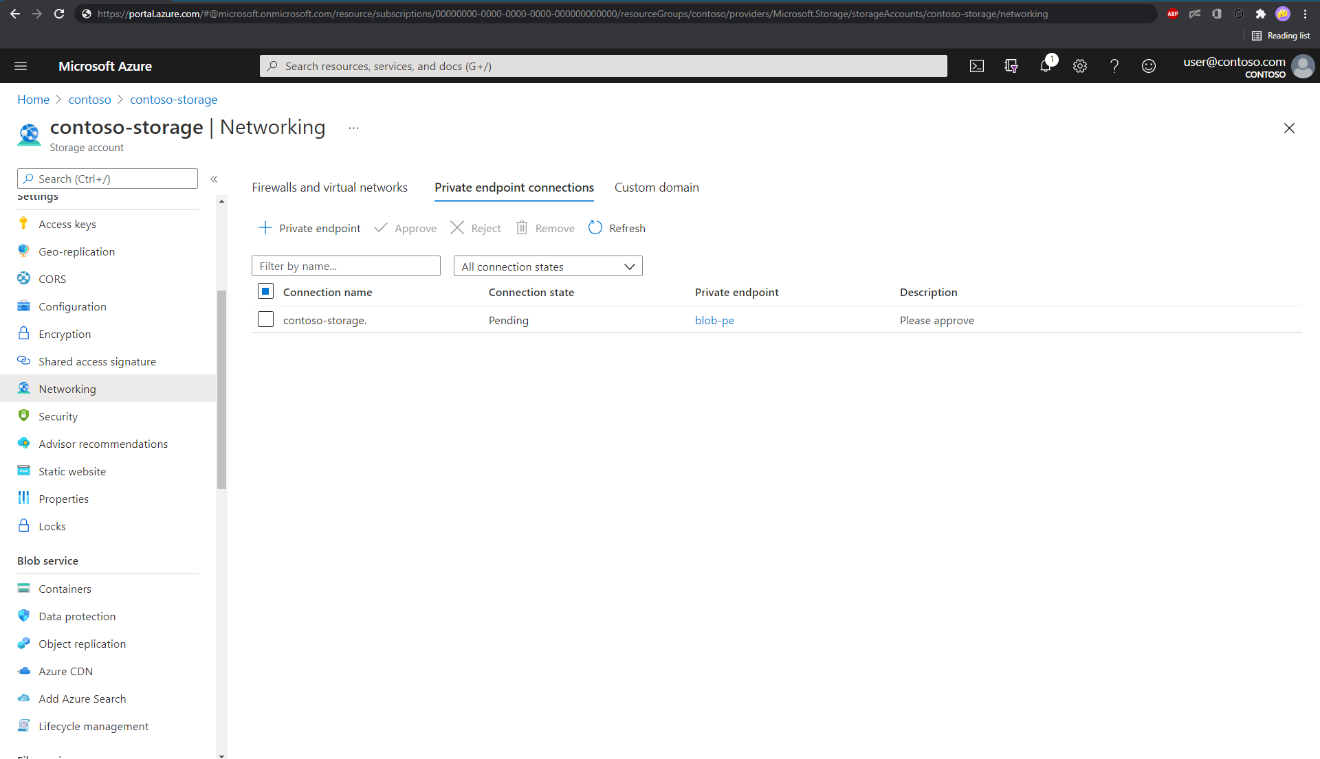 Screenshot of the Azure portal, showing the Private endpoint connections pane.