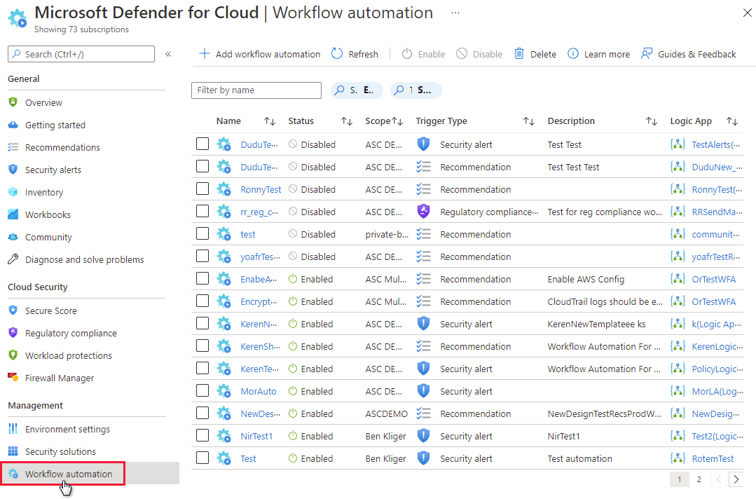 Screenshot that shows the workflow automation pane with the list of defined automations.