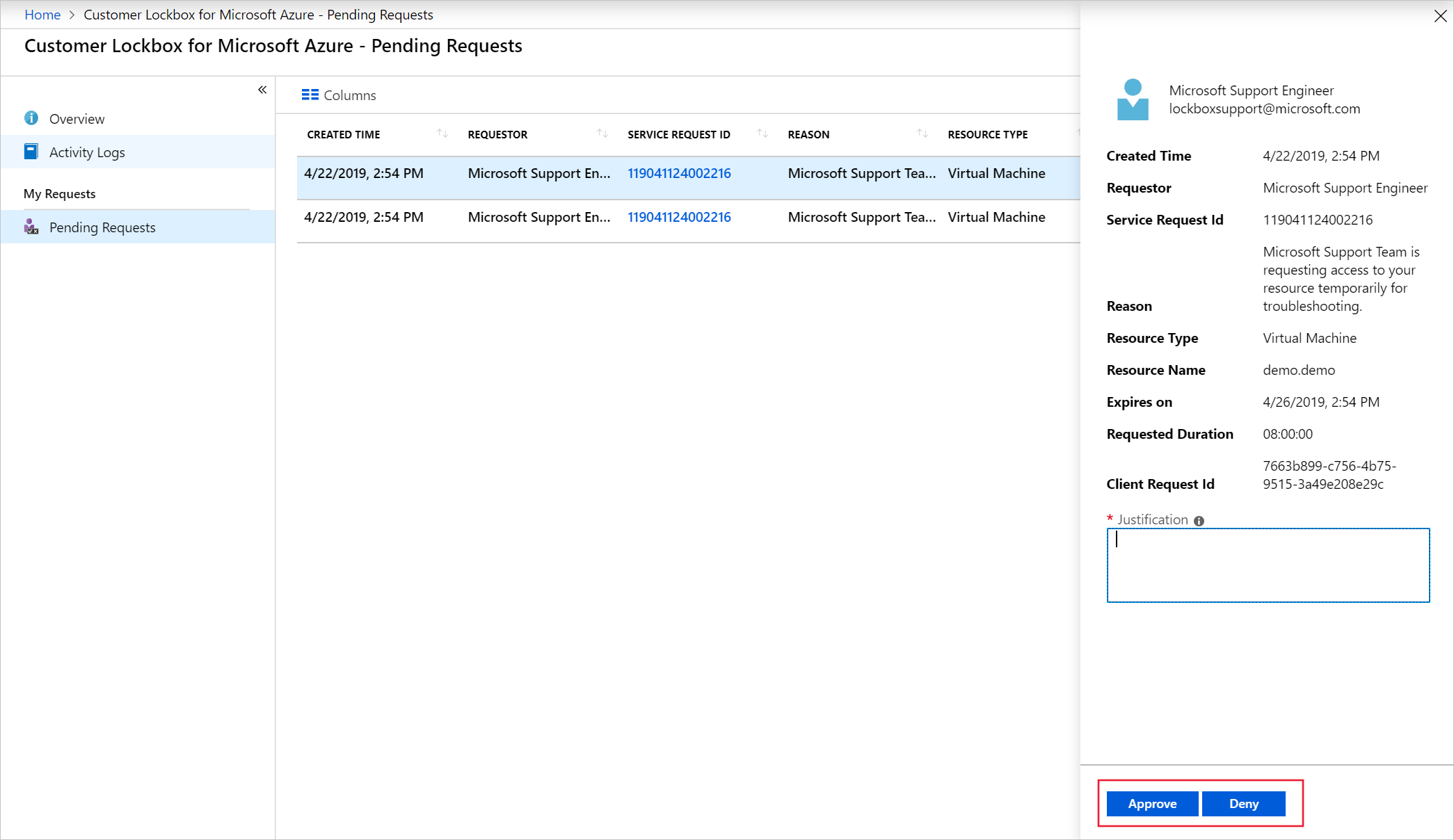 A screenshot of the Approve or Deny UI.