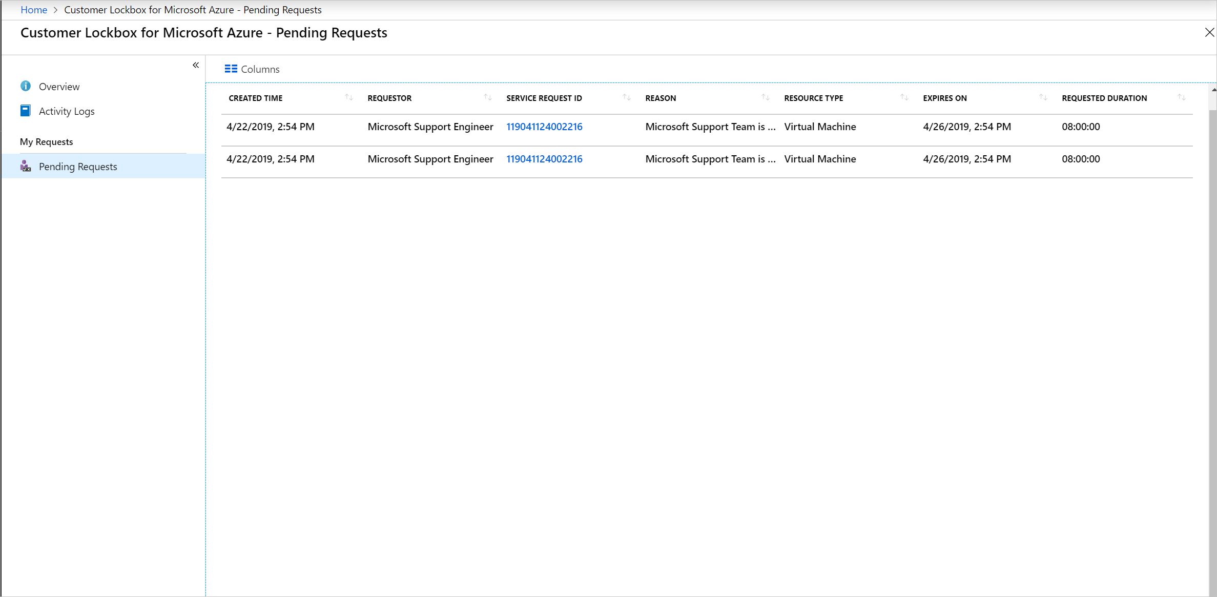 A screenshot of the pending request.
