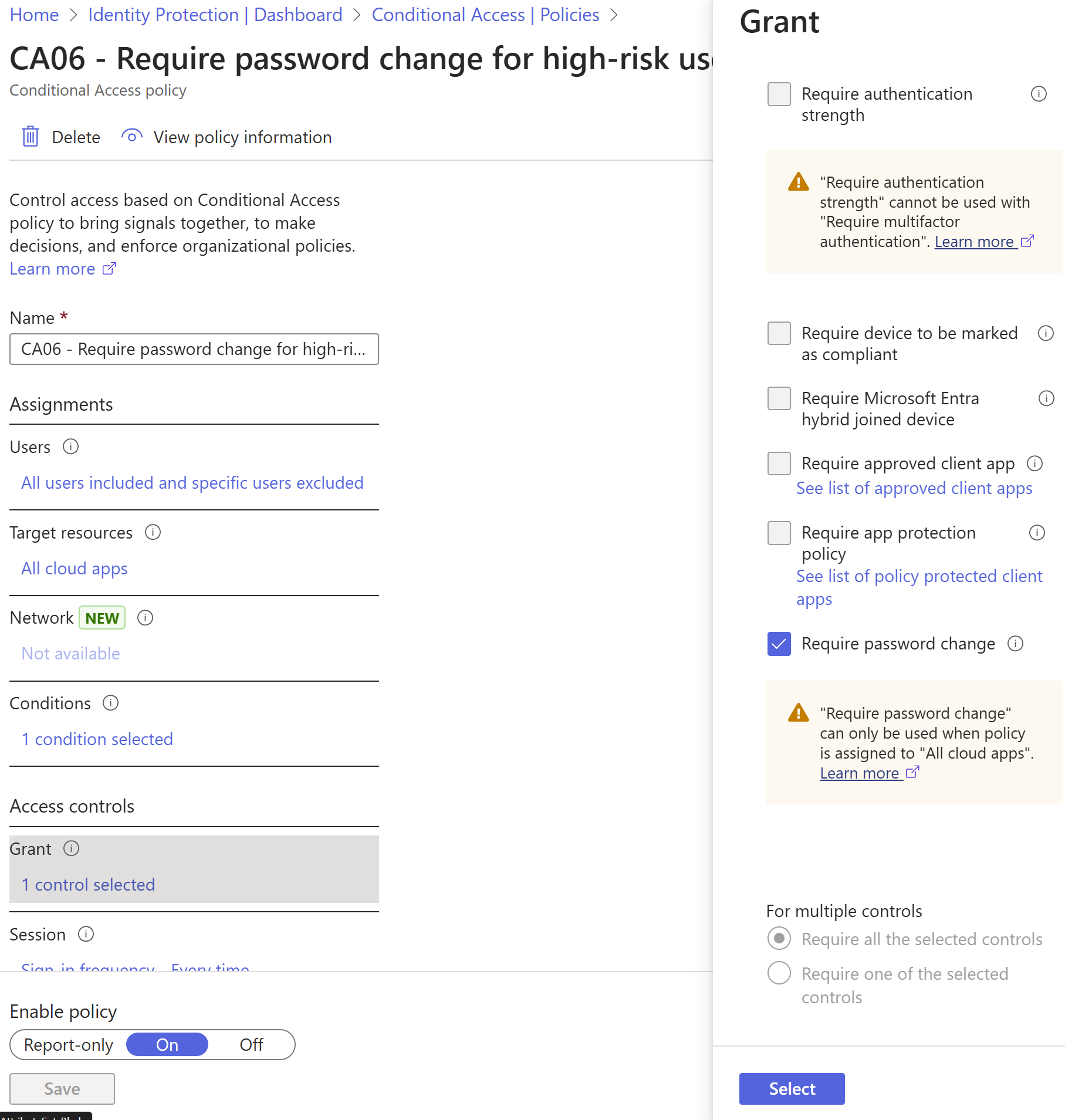 Conditional Access policy requiring password change for high risk users.