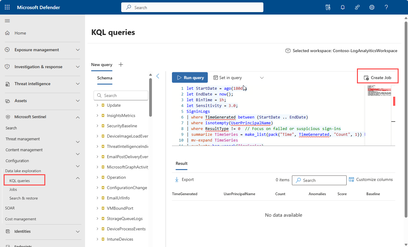 A screenshot showing the create job button in the KQL query editor.