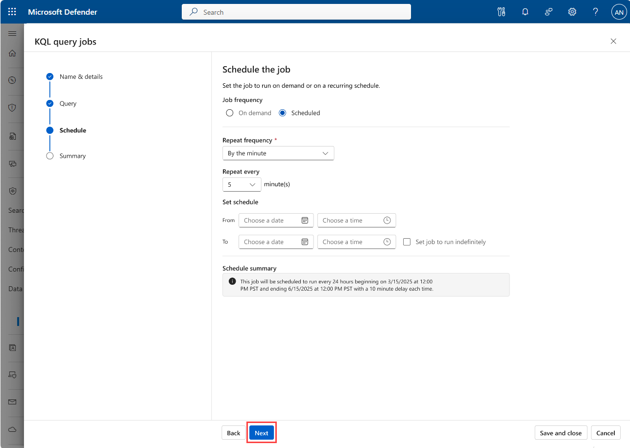A screenshot showing the schedule job panel.