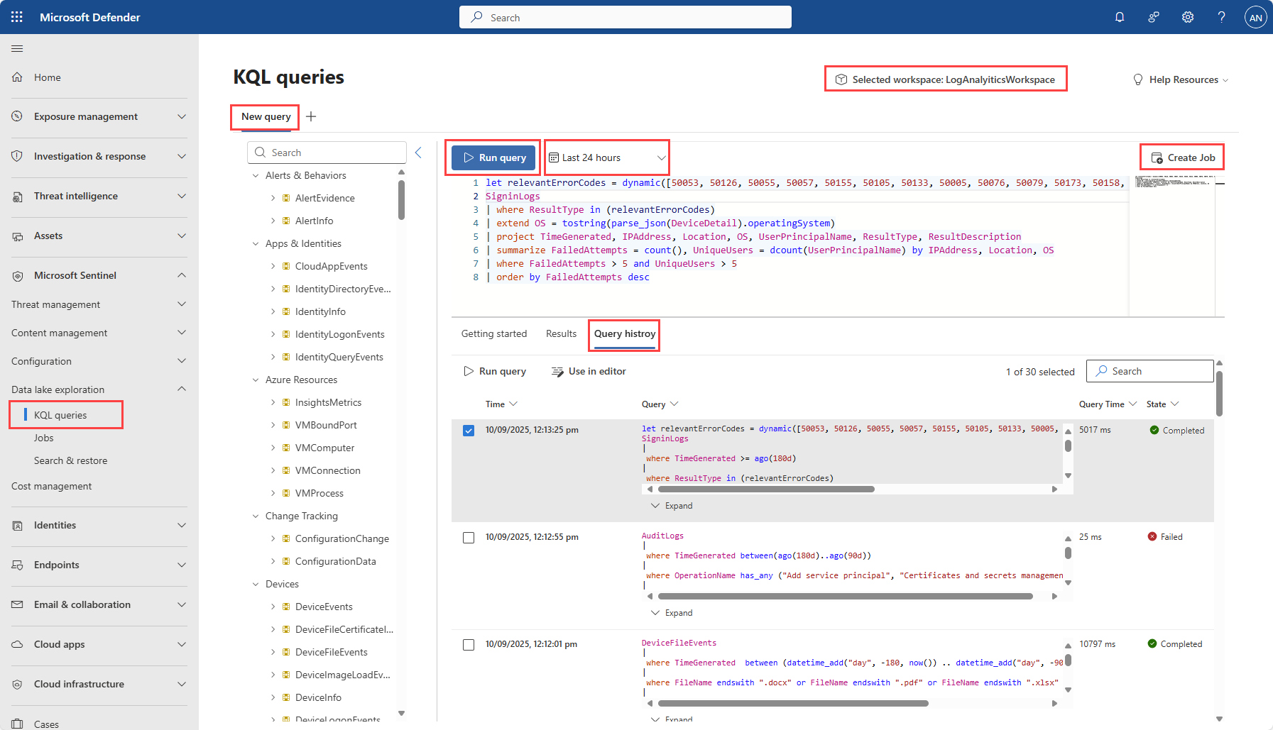 Screenshot of the Kql queries page in the Defender portal.