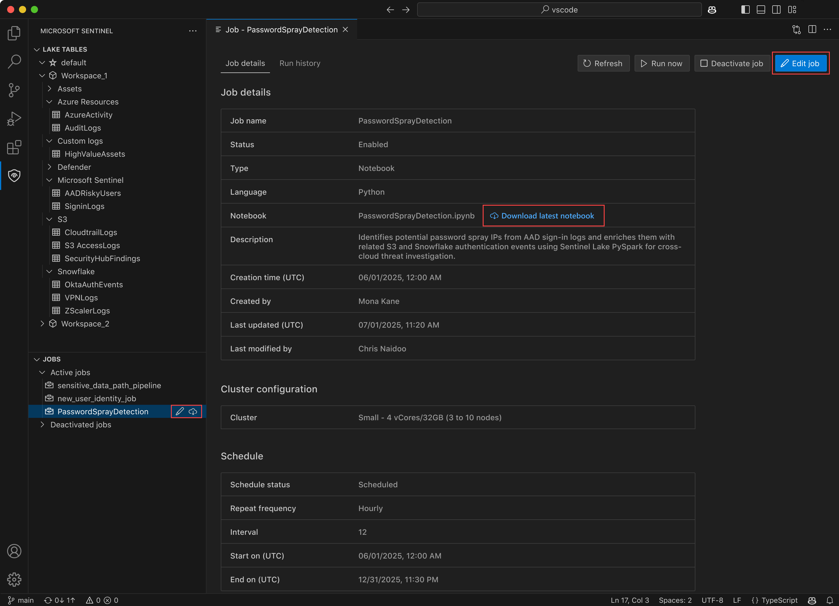 A screenshot showing the edit and download job icon in VS Code.