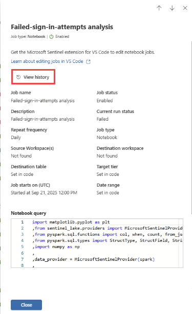 A screenshot showing the job details in the Defender portal.