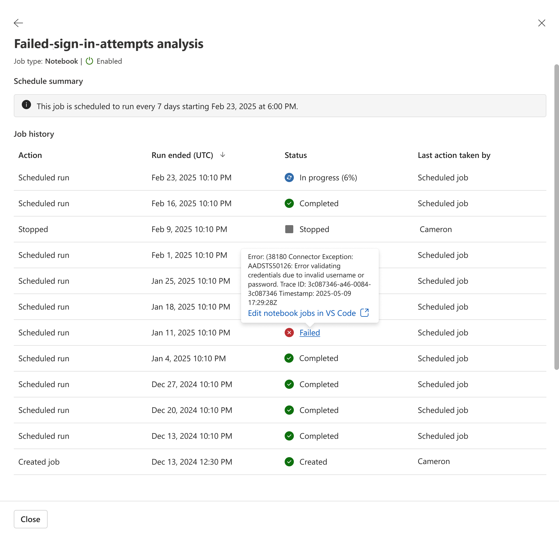 A screenshot showing the jobs history page in the Defender portal.