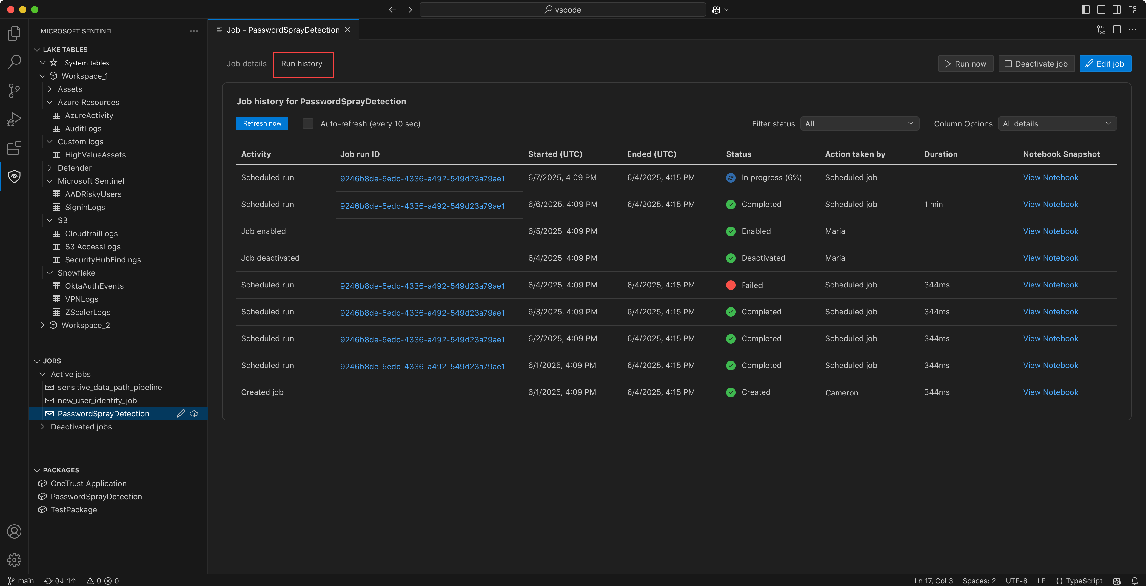A screenshot showing the job runs page.