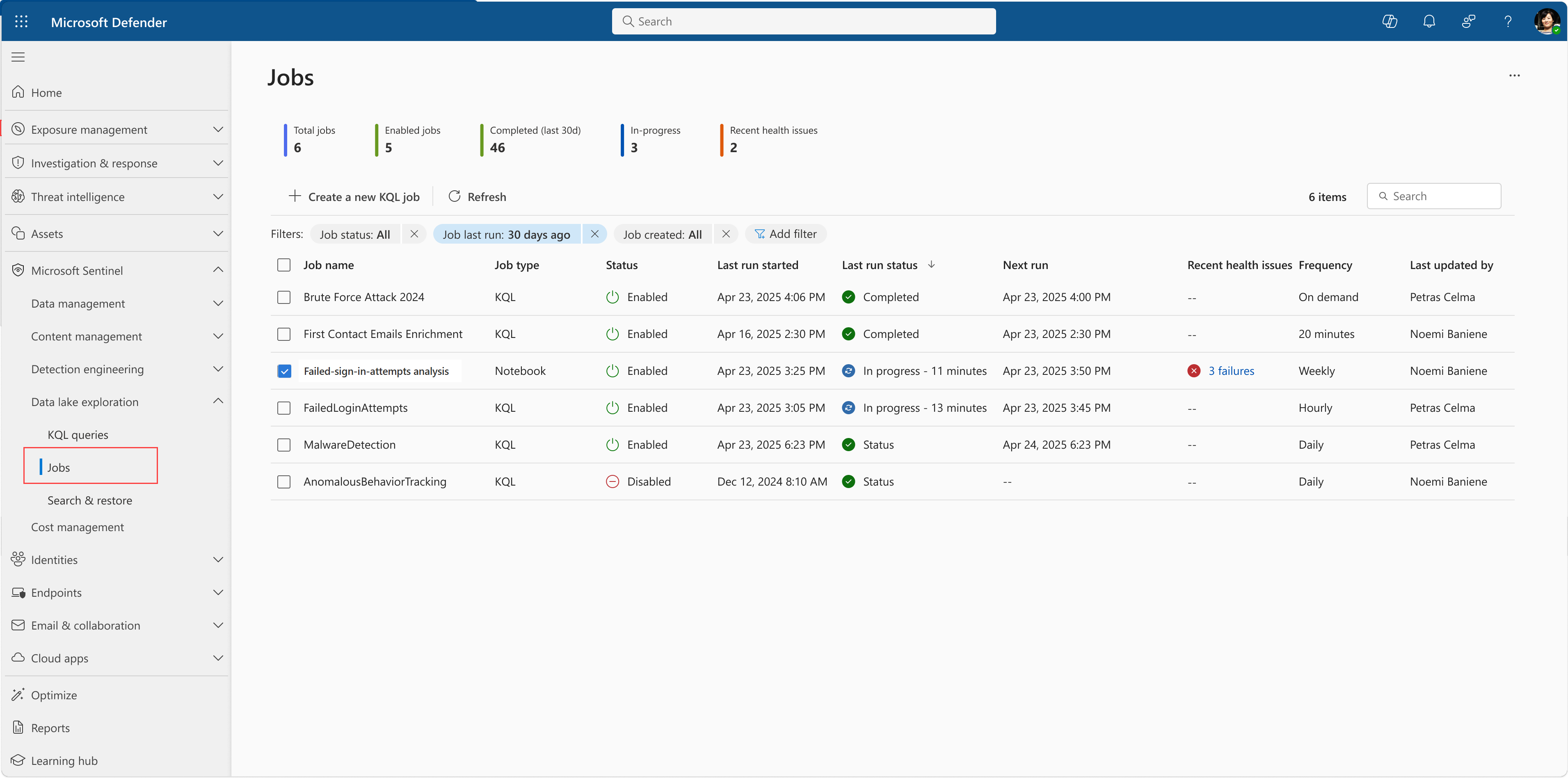 A screenshot showing the jobs page in the Defender portal.