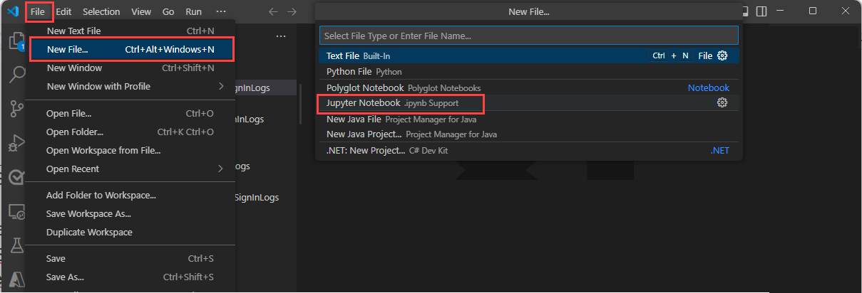 A screenshot showing how to create a new notebook form the file menu.