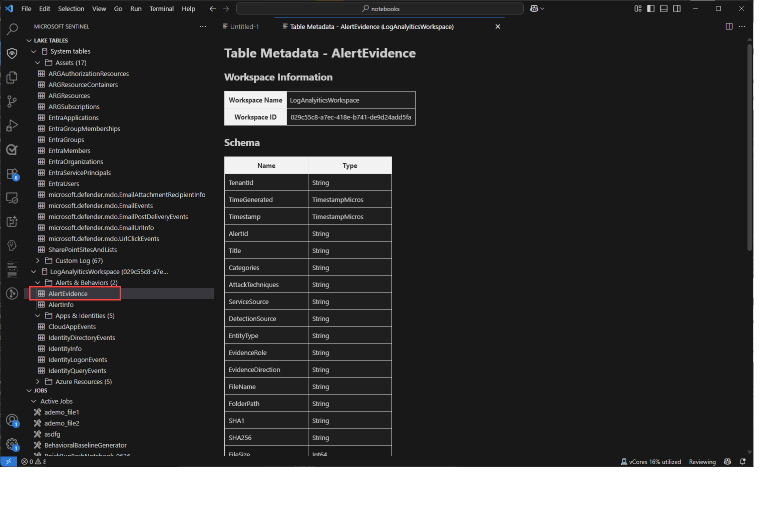 A screenshot showing the list of tables, jobs, and the selected table's metadata.