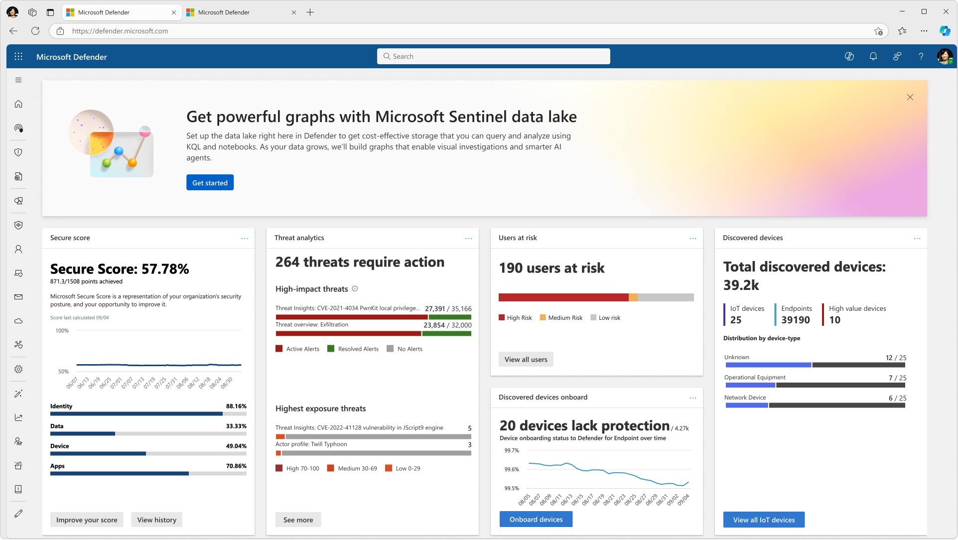 A screenshot showing the Defender portal home page with the onboarding banner for Microsoft Sentinel data lake.