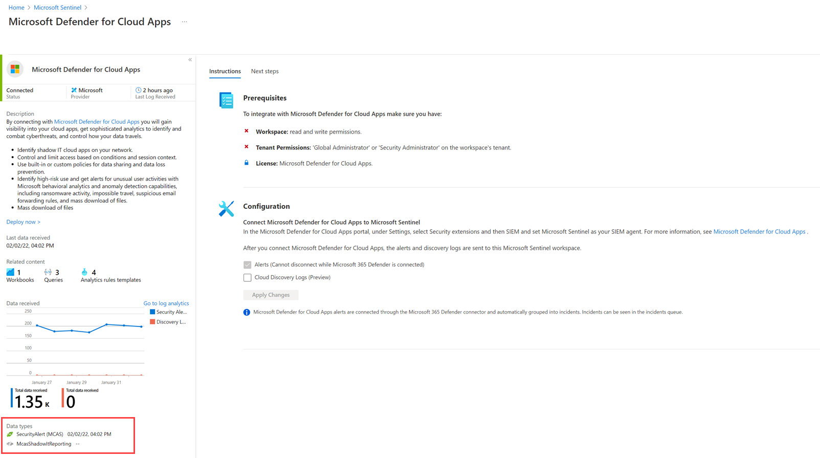 Screenshot of the connector page for Defender for Cloud Apps, with the free security alerts selected and paid MCAS Shadow IT Reporting not enabled.