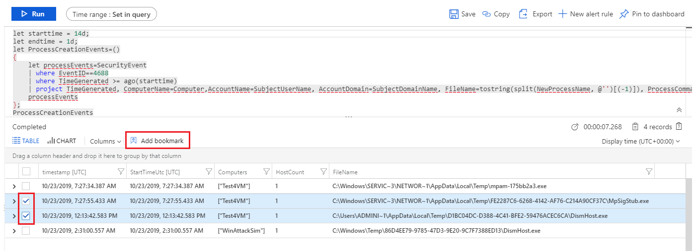 Screenshot of adding hunting bookmark to query.