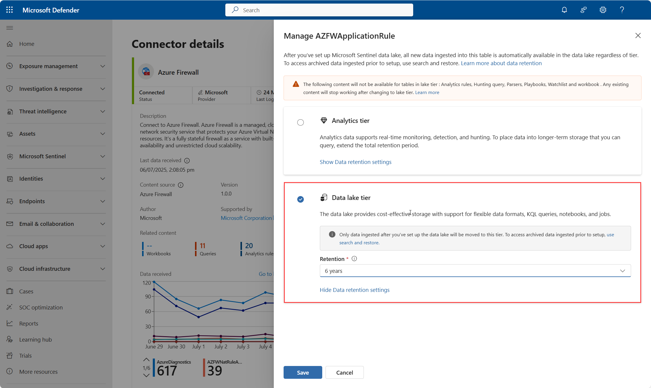 A screenshot showing the data lake tier retention only option.