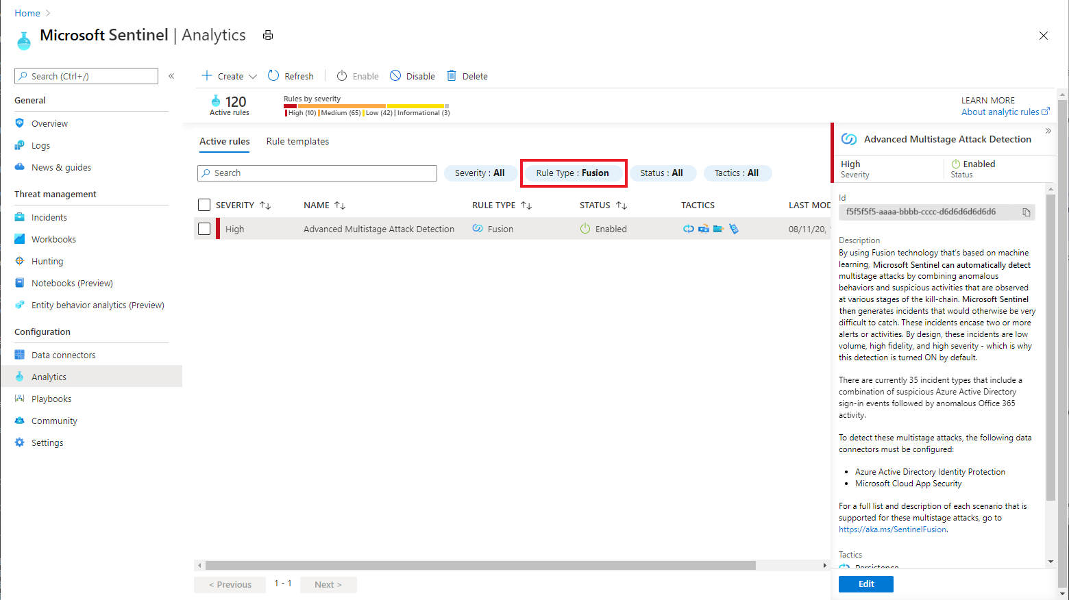 Screenshot of Fusion analytics rule.
