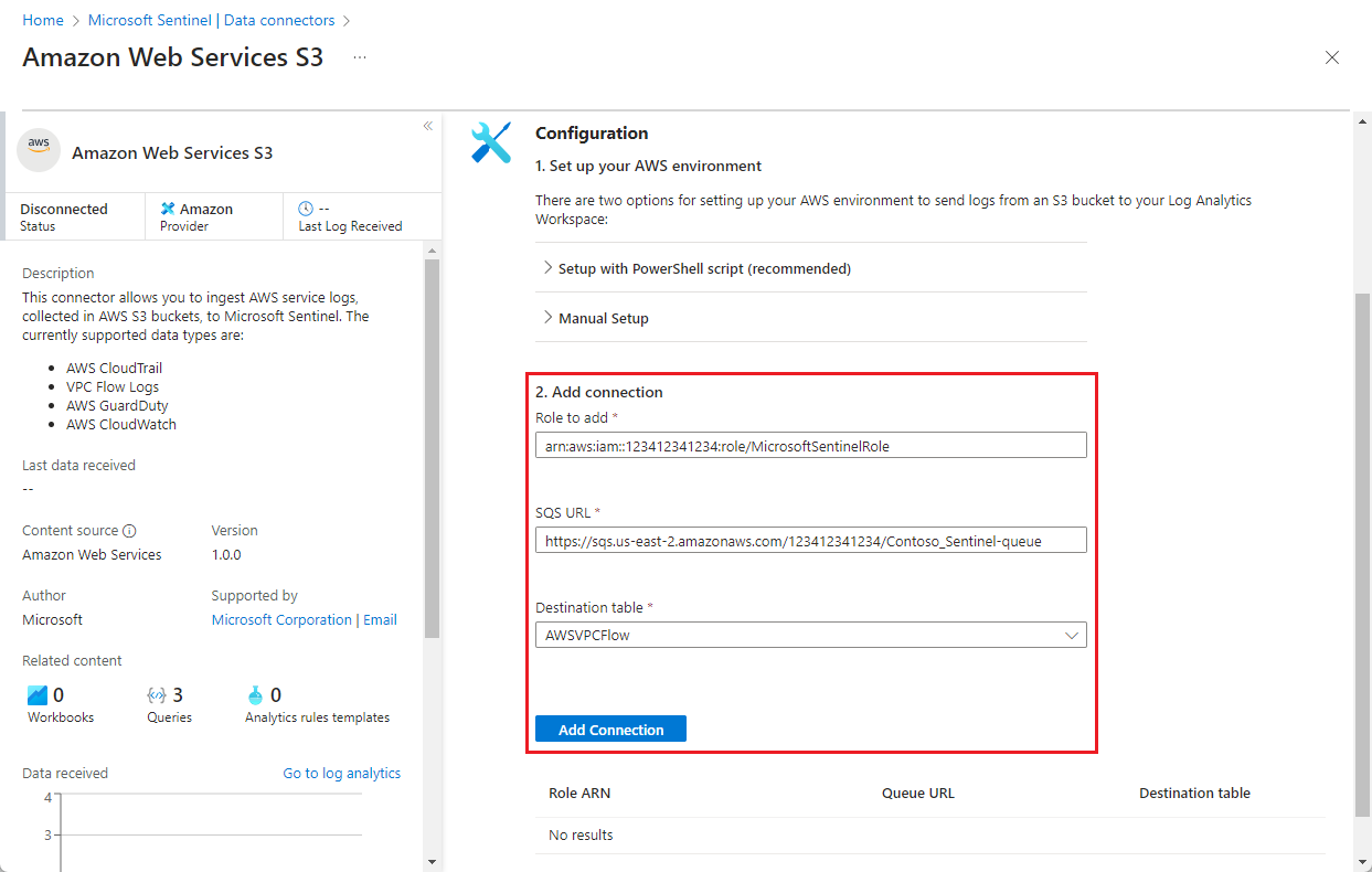 Screenshot of pasting the A W S role information from the script, to the S3 connector.