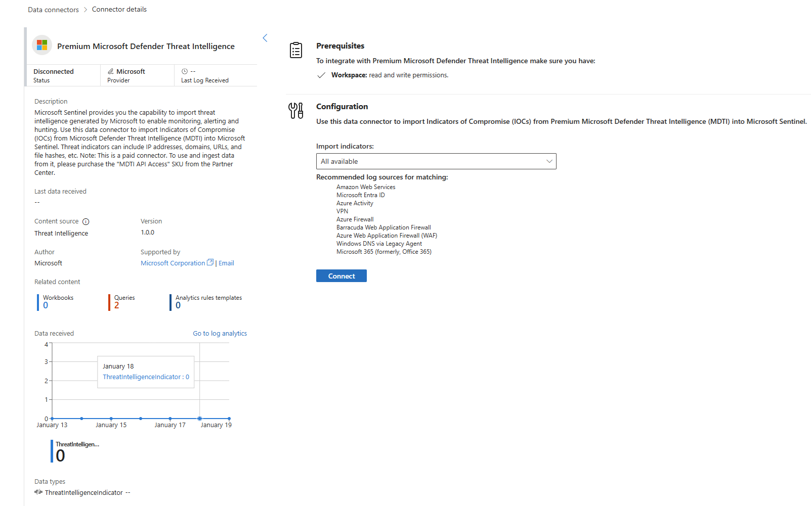 Screenshot that shows the Defender Threat Intelligence Data connector page and the Connect button.