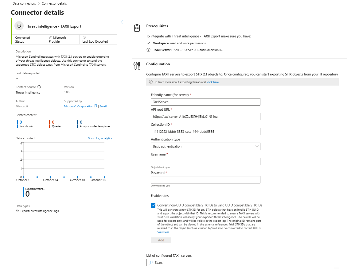 Screenshot that shows configuring the TAXII Export server for export in the Defender portal.