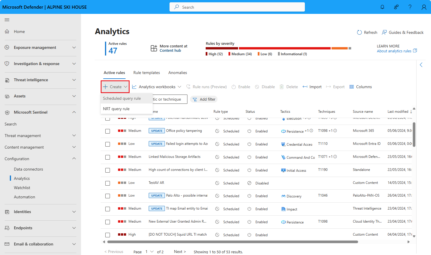 Screenshot of Analytics screen in Defender portal.